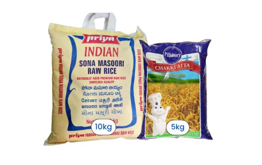 Priya - Sona Masoori Rice - 10kg + Pillusbury - Chakki Atta - 5kg